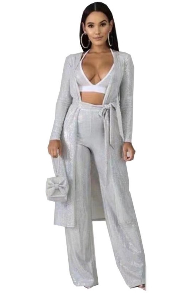 Sequin Silver Bra and Pants with Matching Long Cardigan 3PCS Set