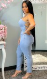 Light Blue Halter Strappy Back Tight Denim Jumpsuit