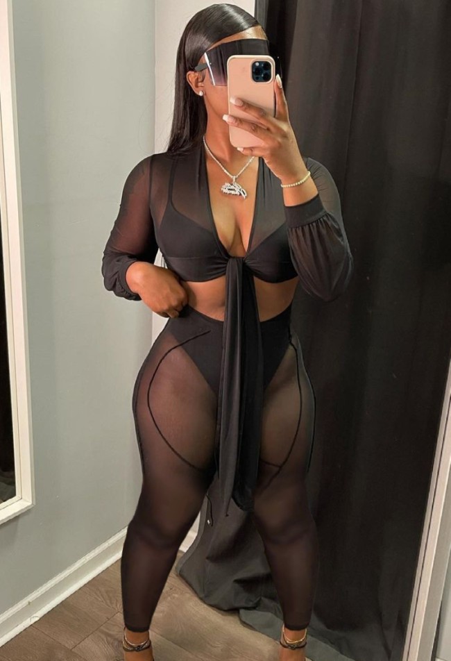 Black See Through Mesh Sexy Crop Top and Pants Two Pieces