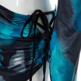 Blue Tie Dye Sexy Backless Mini Dress with Arm Sleeve