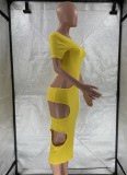 Sexy Yellow Hollow Out Short Sleeve Midi Dress