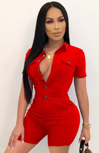 Sexy Red Button Up Short Sleeves Tight Rompers