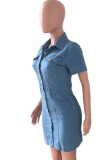 Button Up Short Sleeve Blue Denim Bodycon Dress