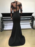 Metal Belt With Lace Upper V Neck Mermaid Black Long Evening Dress