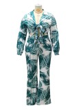 Plus Size Print Green Leaf Crop Top and Matching Loose Pants Two Piece Set