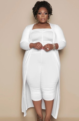 Plus Size White Strapless Jumpsuit with Matching Long Cardigan Two Piece Set