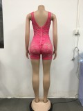 Sexy Transparent Lace Hot Pink Sleeveless Bodycon Rompers