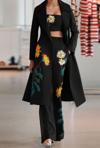 Fashion Black Floral 3 Pieces Pants Set