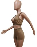 Fitness Khaki Bra and Shorts Two Piece Set