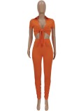 Sexy Orange Tie Front Ribbed Crop Top and Stack Pants Set