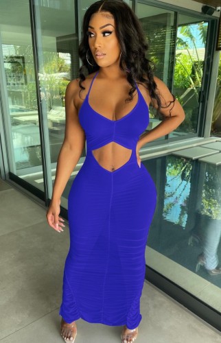 Blue Sexy Cut Out Halter Ruched Maxi Dress