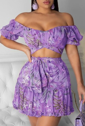 Sexy Floral Off Shoulder Crop Top and High Waist Skirt Set