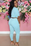 Blue Crop Top and Pants Leisure Two Pieces