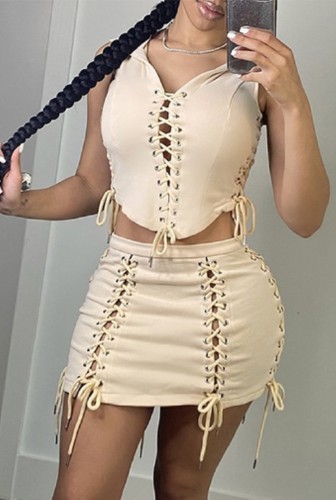 Khaki Sexy Lace Up Hooded Crop Top and Mini Skirt Two Pieces