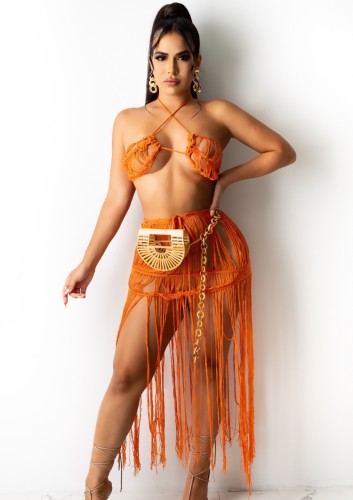 Orange Knit Beach Bra and Tassel Skirt Two Piece Set