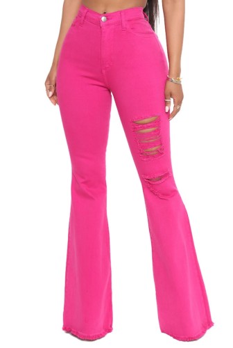 Hot Pink High Waist Ripped Flare Jeans