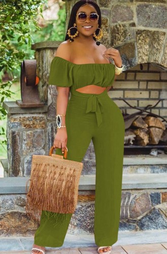 Green Cut Out Short Sleeves Sexy Off Shoulder Jumpsuit