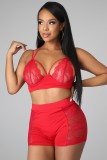 Sexy Red Lace Panel Bra Top and Shorts 2PCS Set