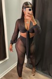 Black See Through Mesh Sexy Crop Top and Pants Two Pieces