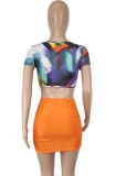 Sexy O-Ring Print Crop Top and Orange Ruched Mini Skirt Set