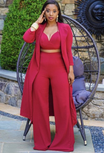 Pink Bra Top and Wide Leg Pants Set with Long Coat