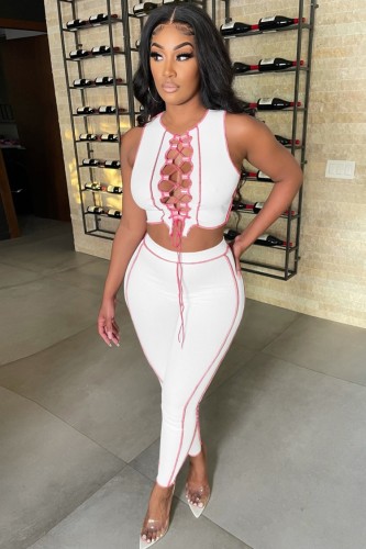 Sexy Lace Up Contrast Crop Tank and Pants Two Piece Outfits
