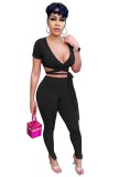 Black Ribbed Wrap knotted Crop Top and Pants Two Piece Set