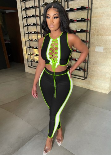 Sexy Lace Up Contrast Crop Tank and Pants Two Piece Outfits