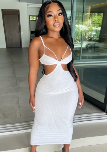 White Cut Out Sexy Ribbed Strap Dress