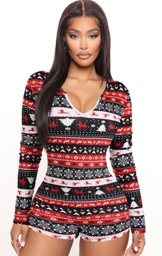 Christmas Red Print Long Sleeve Lounge Rompers