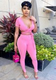 Pink Ribbed Wrap knotted Crop Top and Pants Two Piece Set