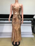 Gold Sequins Strap Slit V Neck Evening Dress