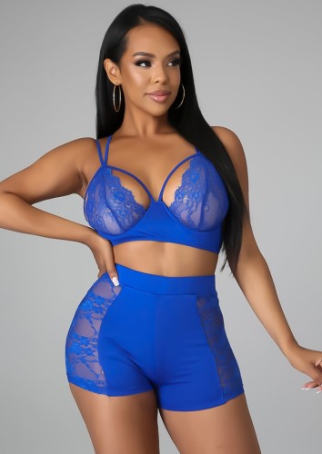 Sexy Blue Lace Panel Bra Top and Shorts 2PCS Set