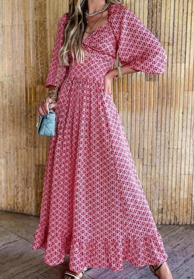 Print Puff Sleeve Cut Out Fit and Flare Long Dress