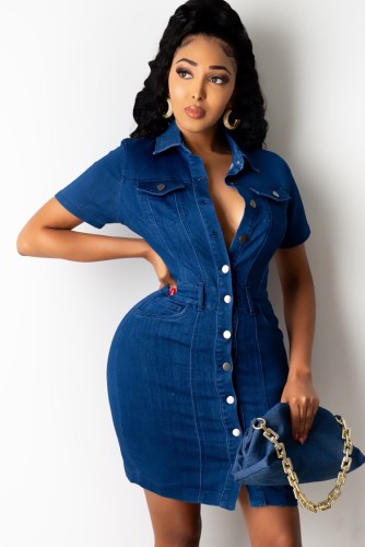 Button Up Short Sleeve Dark Blue Denim Bodycon Dress