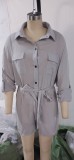 Gray Long Sleeve Belted Casual Rompers