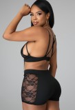 Sexy Black Lace Panel Bra Top and Shorts 2PCS Set