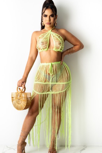 Green Knit Beach Bra and Tassel Skirt Two Piece Set