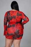 Plus Size Floral Red Tie Front Crop Top and Drawstring Mini Skirt Set