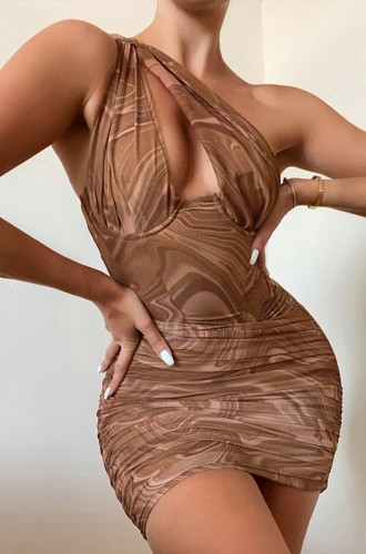 Sexy Print Brown One Shoulder Ruched Bodycon Mini Dress