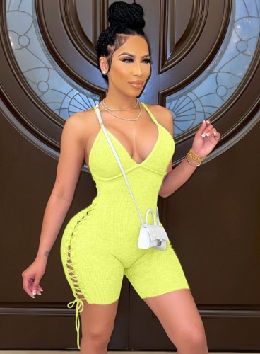 Yellow Lace Up Ribbed Strap Backless Bodycon Rompers