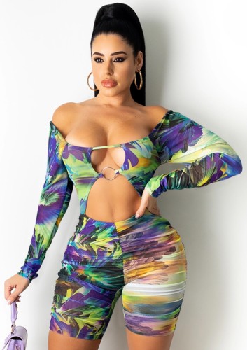 Print Long Sleeve Cut Out Off Shoulder Open Back Bodycon Rompers