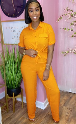 Orange Short Sleeve Blouse and Wide Leg Pants Casual Two Pieces