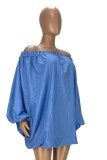 Blue Off Shoulder Puff Sleeve Loose Sexy Dress