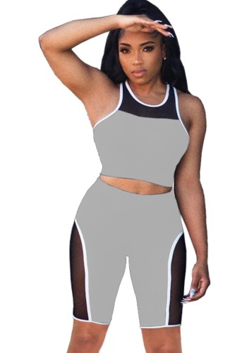Sports Grey Patch Tank Top and Shorts 2PC Matching Set