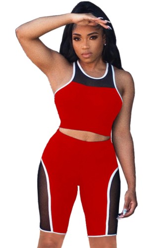 Sports Red Patch Tank Top and Shorts 2PC Matching Set