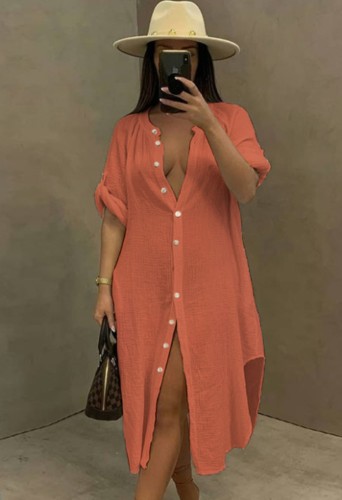 Pink Cotton Button Slit Long Blouse Dress