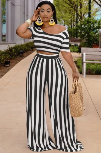 Striped Short Sleeve Crop Top and Wide Leg Pants 2PCS Set