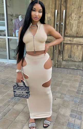 Sexy Khaki Zipper Crop Top and Hollow Out Maxi Skirt Two Piece  Set
