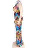 Plus Size Print Halter Open Back Wide Leg Jumpsuit